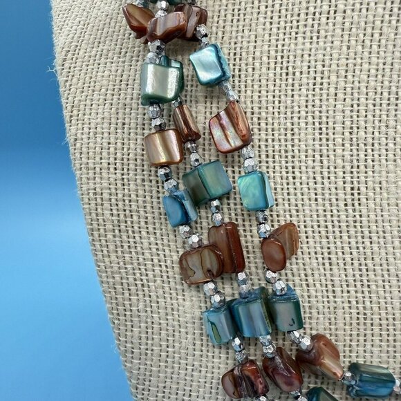 GORGEOUS Blue Brown Silver Beaded Multi Strand Vintage Necklace 16” Statement - Picture 2 of 3